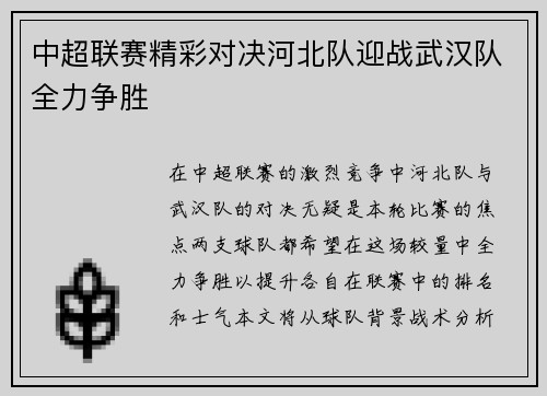 中超联赛精彩对决河北队迎战武汉队全力争胜