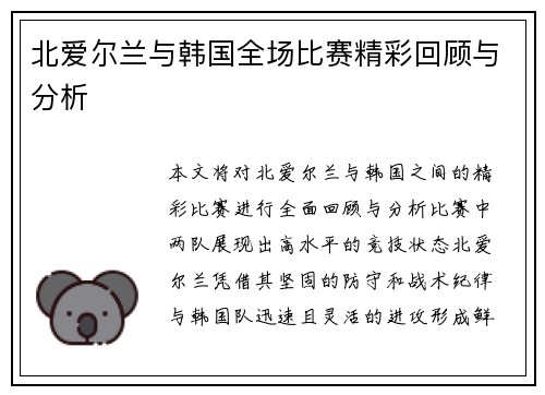 北爱尔兰与韩国全场比赛精彩回顾与分析